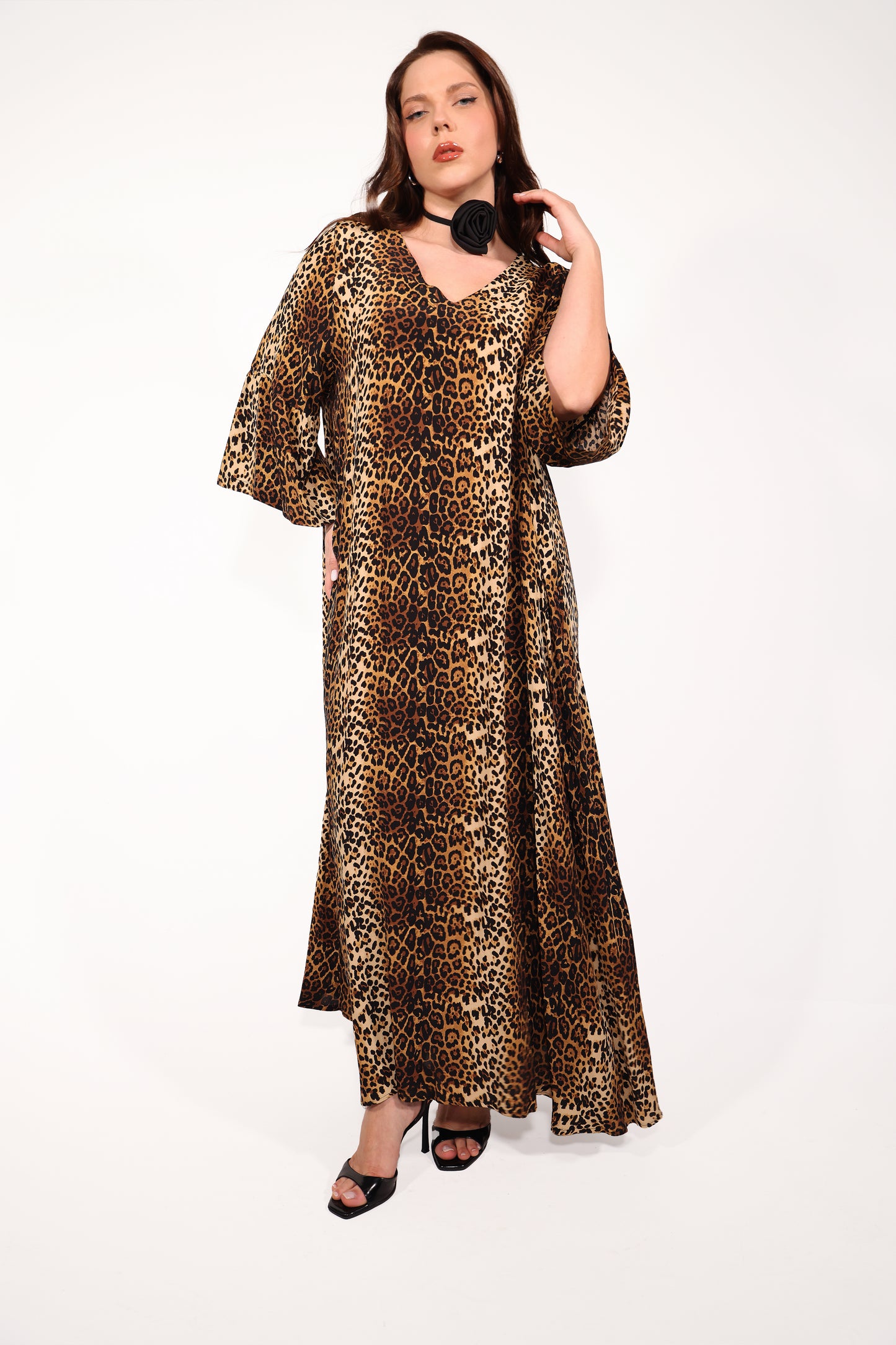 V Yaka Leopar Desenli Elbise