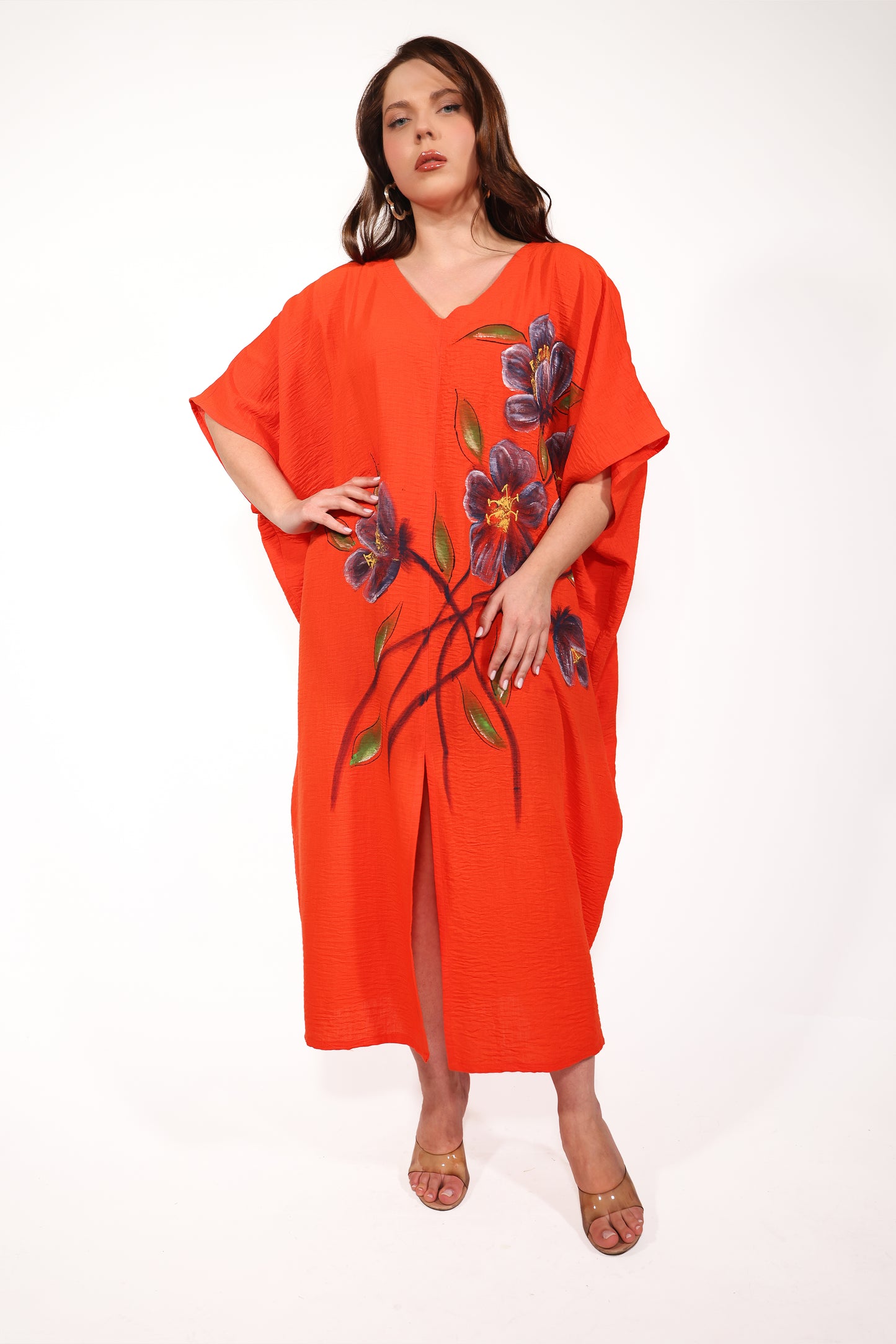 Orange Linen Dress with Floral Print and Slit Detail