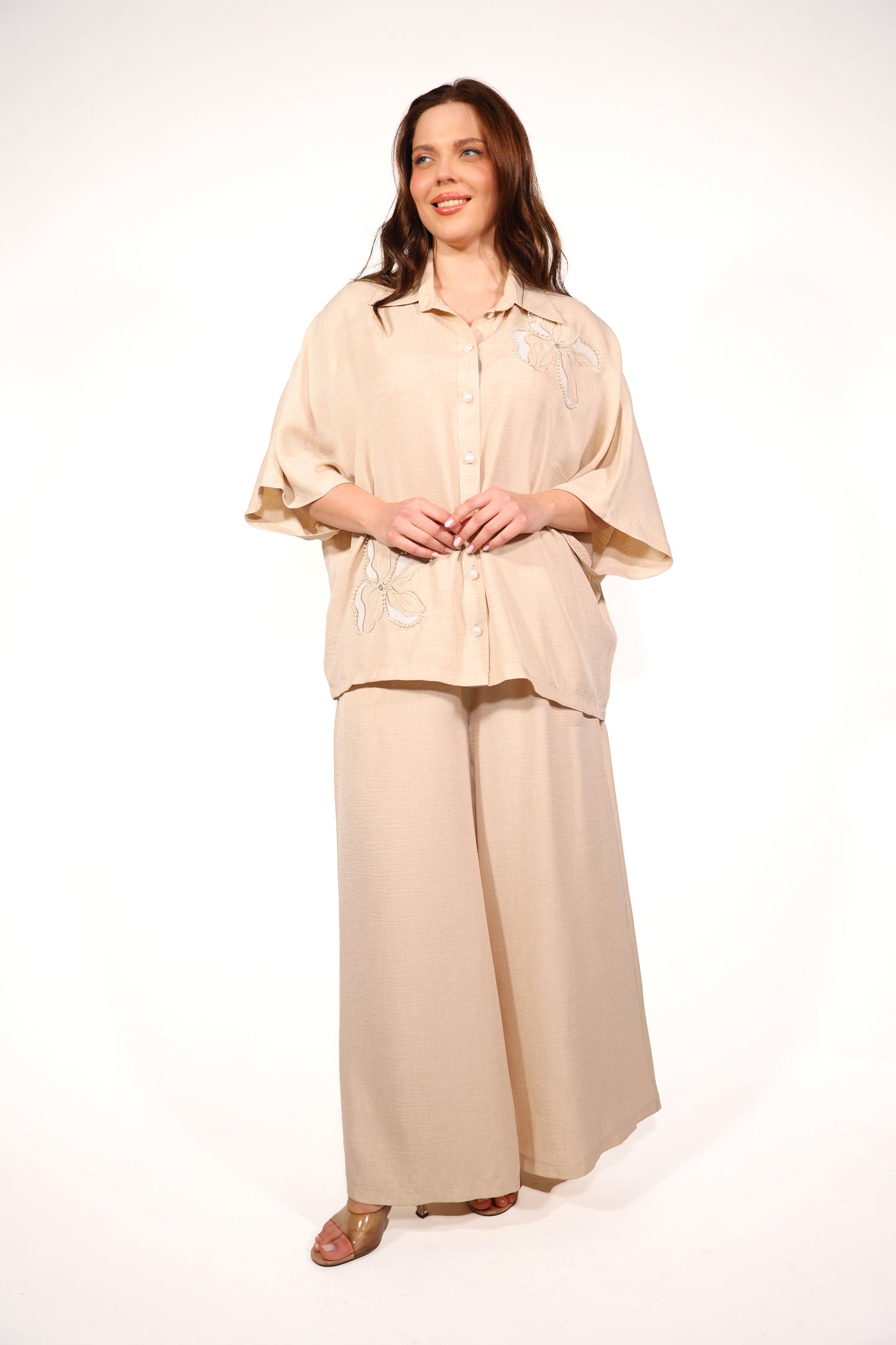 İşlemeli Bej Keten Karışımı Set