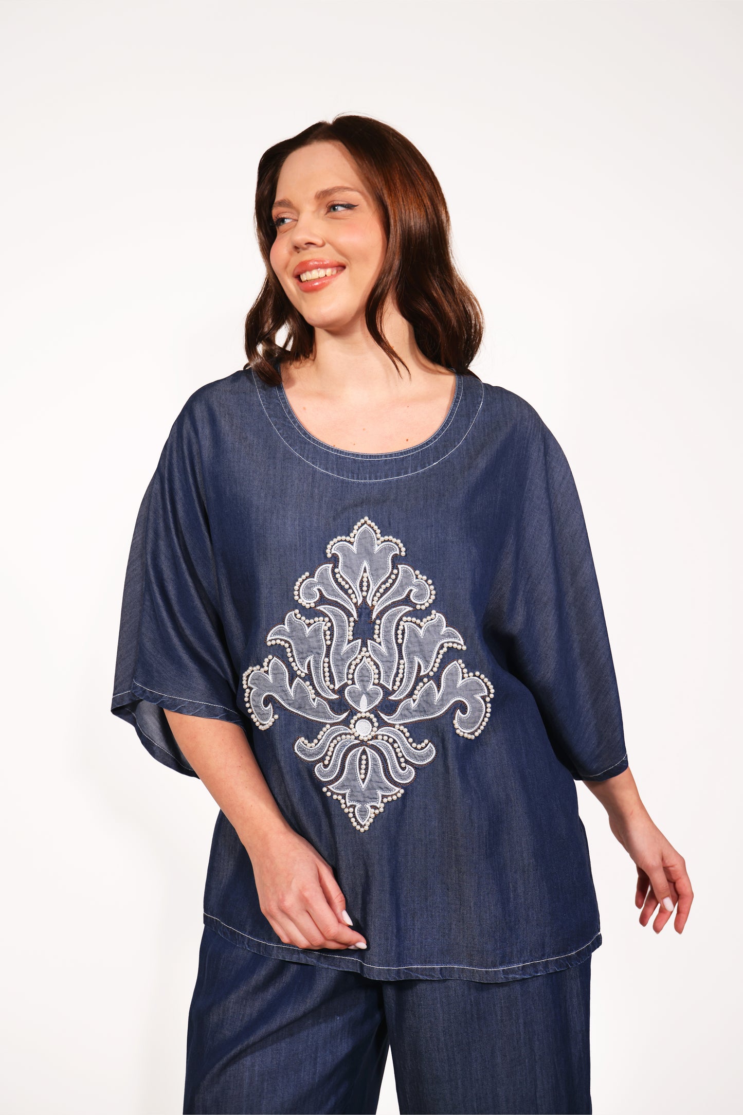 İşlemeli Taş İşlemeli Kot Tişört