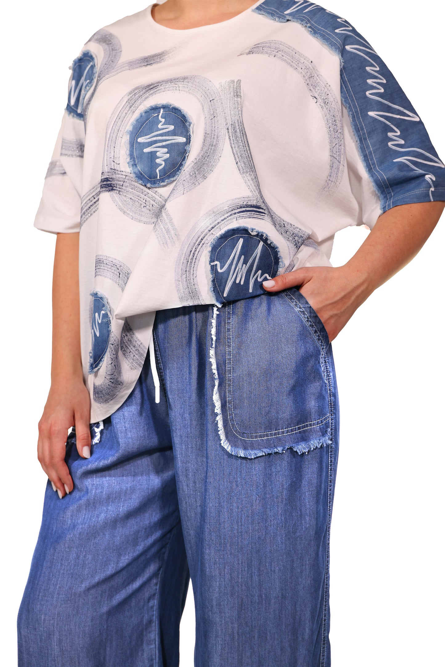 Denim Detaylı Bisiklet Yaka Tişört ve Pantolon Takımı