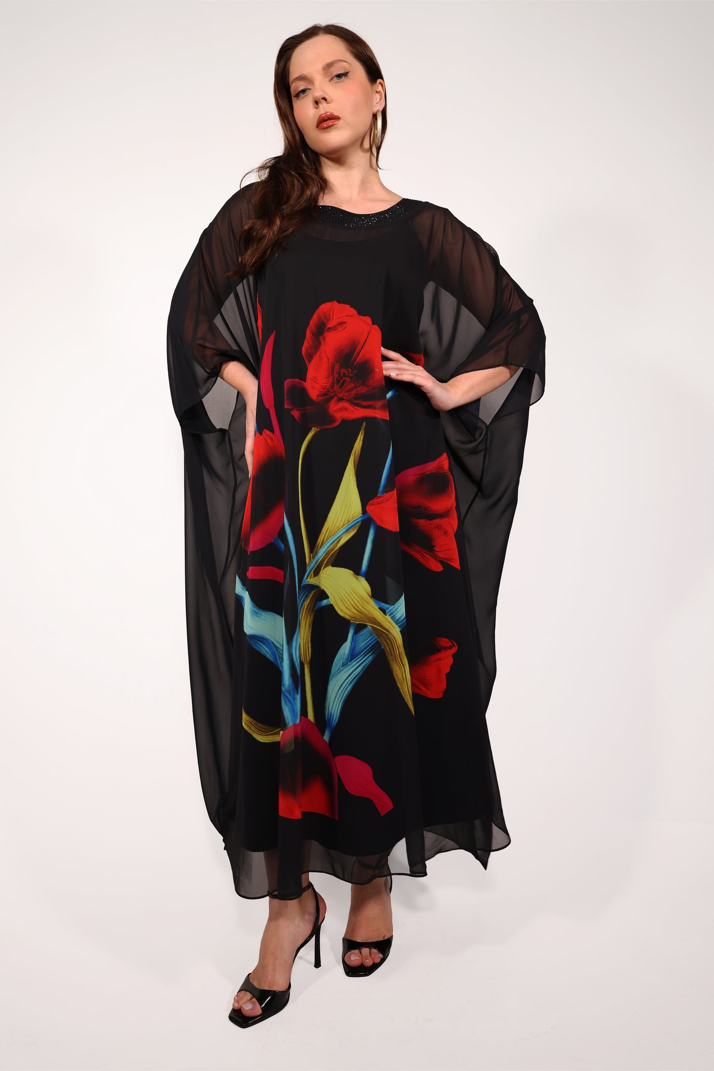 Şifon Baskılı Batwing Kollu Mürettebat Yaka Büyük Boy Elbise