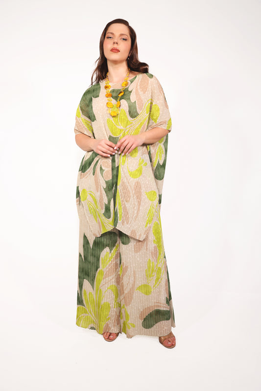 Yeşil Yaprak Desenli Pileli Oversize Pantolon Tunik Takım