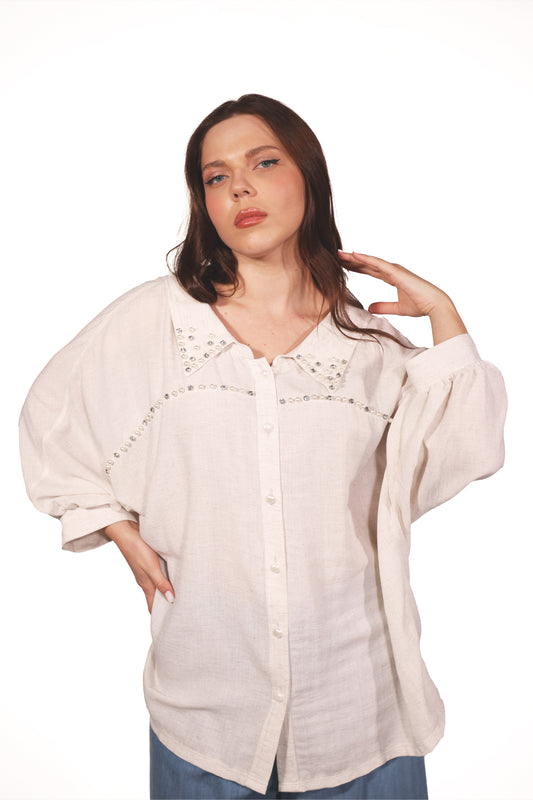 Kristal İşlemeli Açık Sırtlı V Yaka