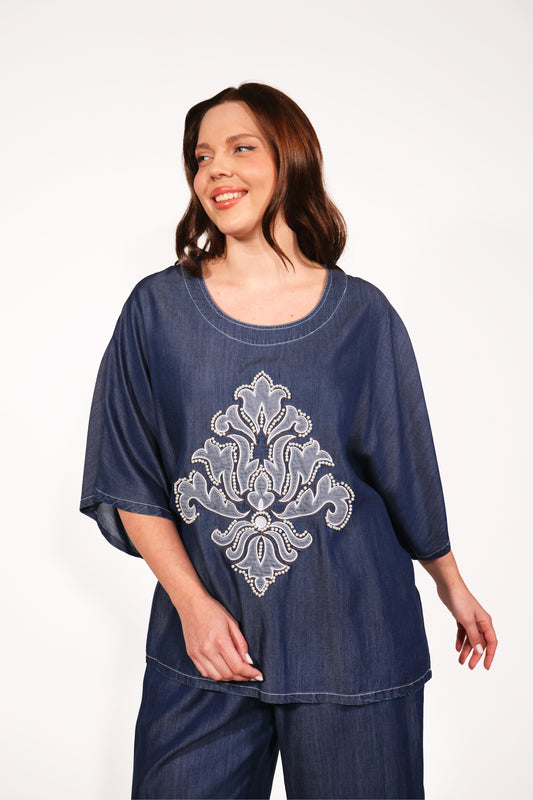 İşlemeli Taş İşlemeli Kot Tişört