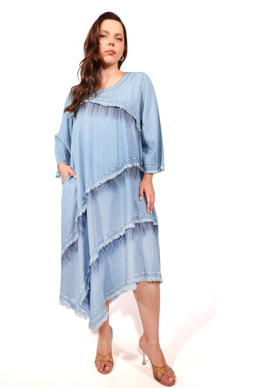 Denim Baskılı Uzun Kollu Elbise