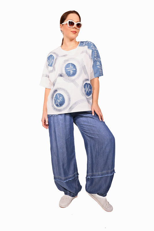 Denim Detaylı Bisiklet Yaka Tişört ve Pantolon Takımı